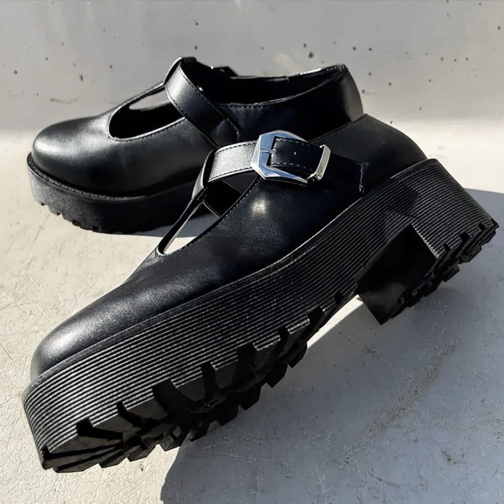NEW Mary Jane Platform T-Strap Chunky Lug Sole Goth Altercore Loafer Shoes Black - Picture 6 of 14